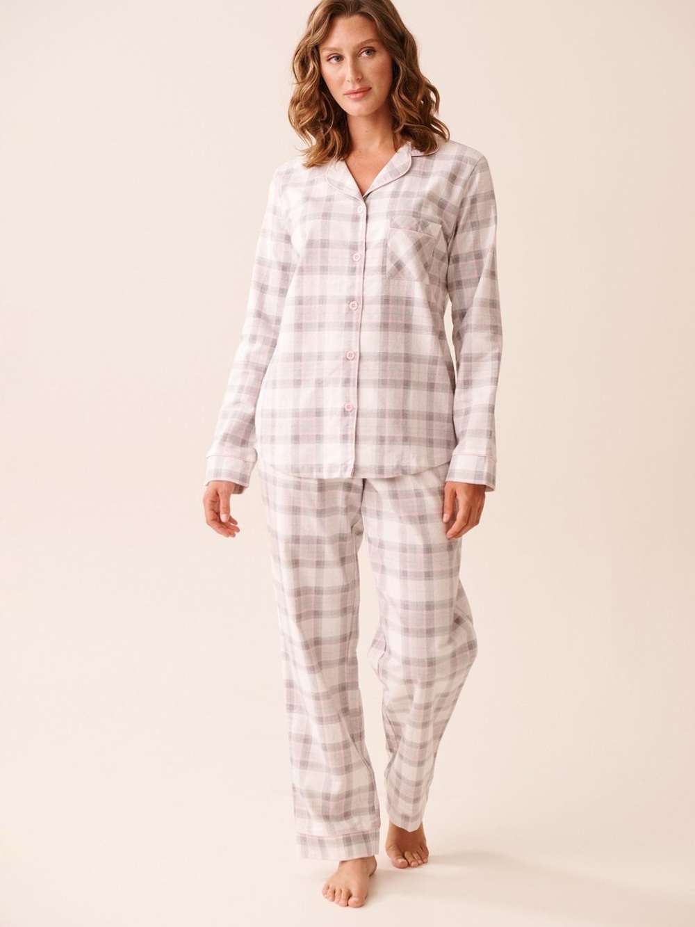 La Vie en Rose Plaid Cotton Pyjama Set – Pink & Grey, Size Small